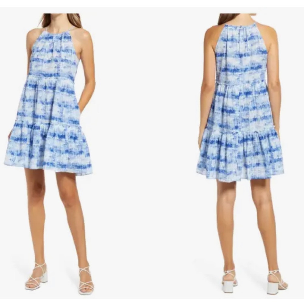 ELIZA J Blue Sleeveless Tiered Halter Cotton Mini Dress Size 4